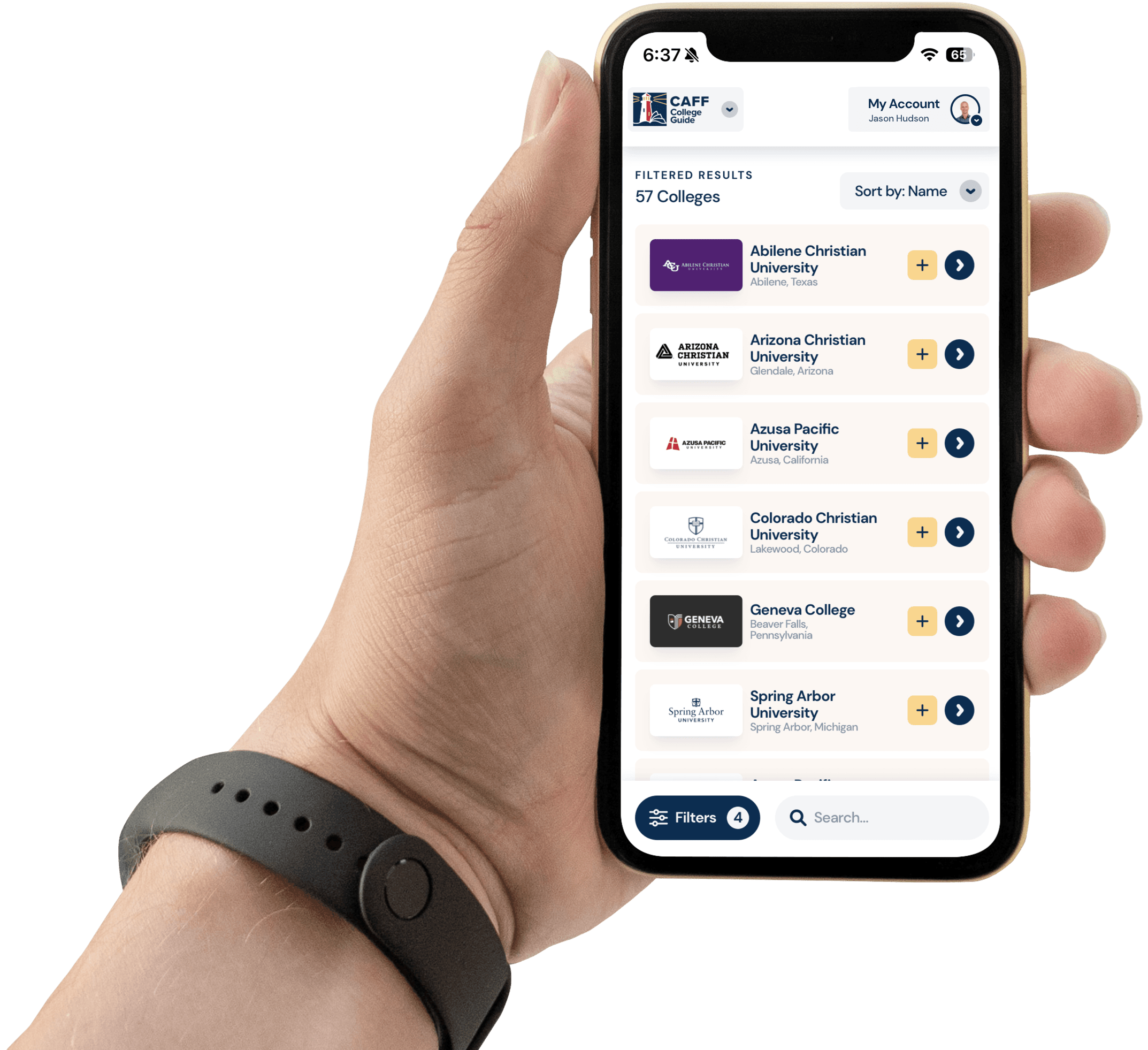 hand holding phone with CAFF college guide website