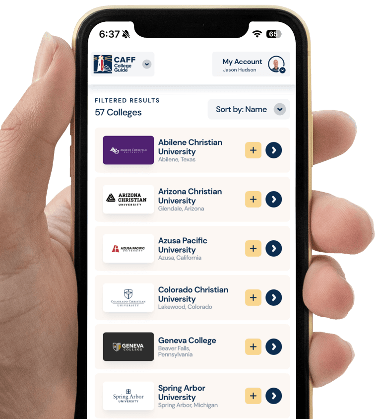 hand holding phone with CAFF college guide website